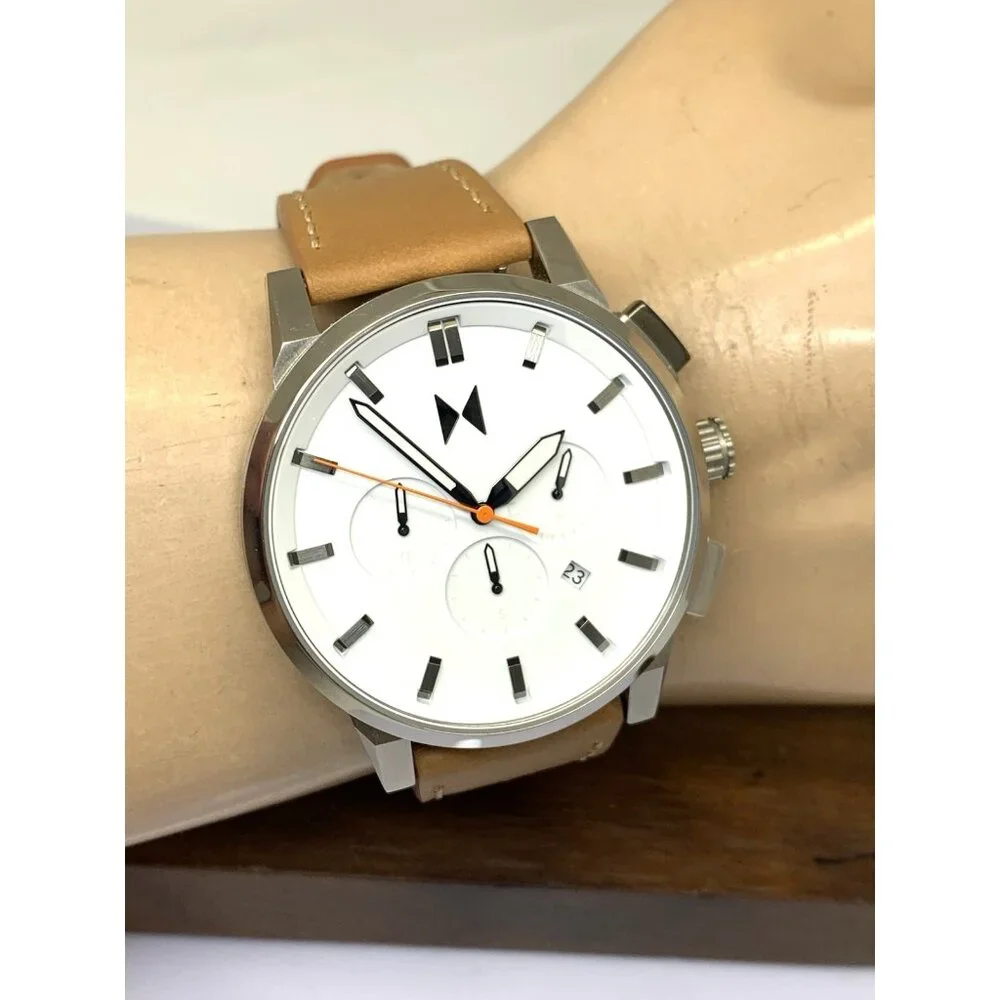 MVMT Men's Watch Quartz Chronograph White Dial Brown Leather Band 44mm